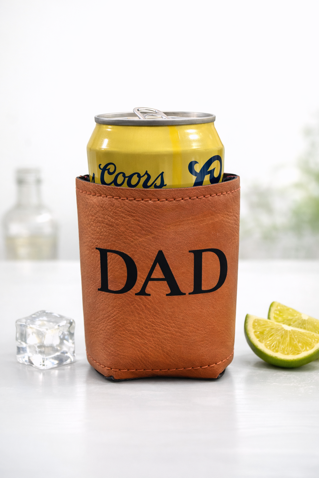 🥃 Dad Leather Can Cooler – Personalized Drink Holder | Father’s Day Gift | Laser Engraved Koozie | Gift for Dad