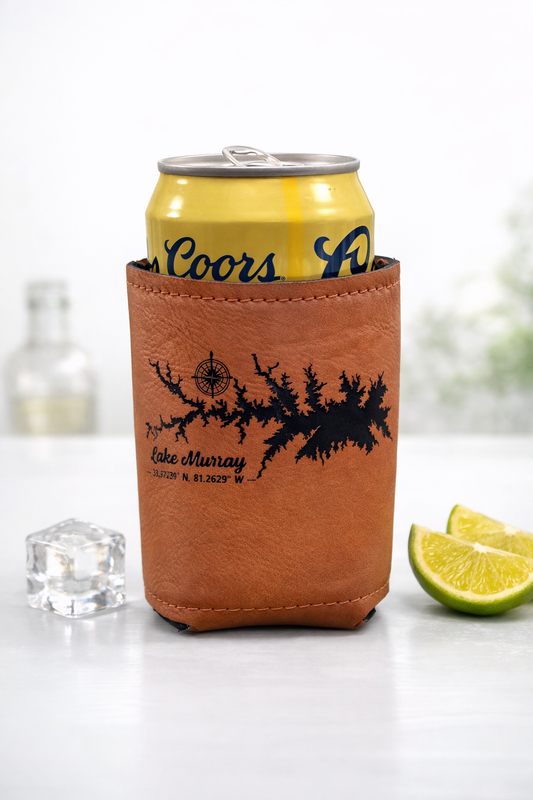 Lake Murray Leather Can Cooler – Laser Engraved Lake Map Koozie | South Carolina Lake Gift | Camping & Boat Drink Holder